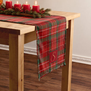 Red Green Tartan Plaid Monogram Short Table Runner