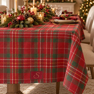 Red Green Tartan Plaid Monogram Tablecloth