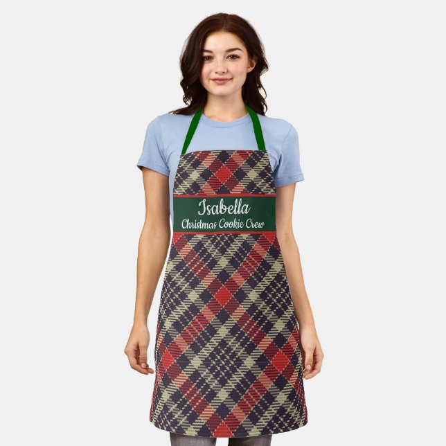 Red Green Tartan Plaid Personalized Christmas  Apron (Worn)