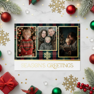 Red & Green Tartan Plaid Season's Greetings Photo Foil Holiday Card