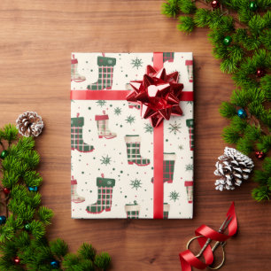 Red & Green Tartan Plaid Winter Boots & Snowflakes Wrapping Paper