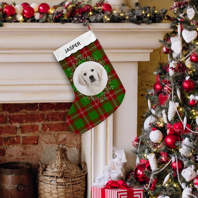 Red Green Tartan Plaid Winter Wreath Pet Dog Photo Small Christmas Stocking (Red and green tartan plaid photo can custom name Christmas stocking in situ.)