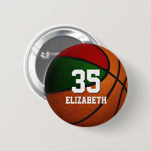 Red green team colours basketball girl boy name  6 cm round badge