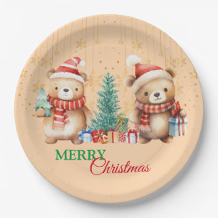 Red Green teddy Bear Santa Merry Christmas Party Paper Plate