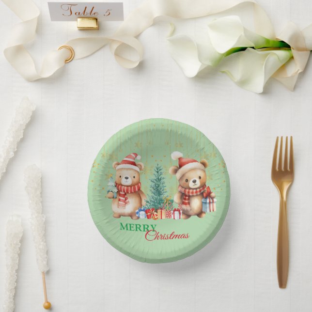Red Green teddy Bear Santa Merry Christmas Party  Paper Plate (Wedding)