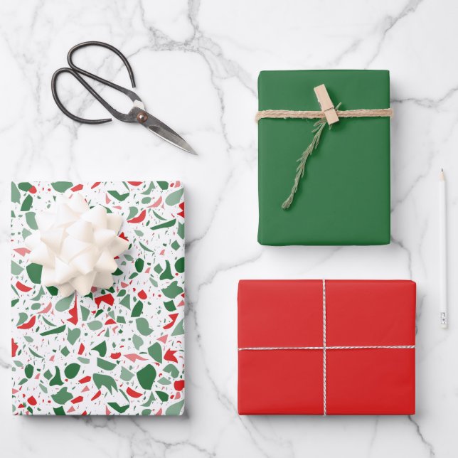 Red Green Terrazzo Pattern Holiday Christmas Wrapp Wrapping Paper Sheet (Front)