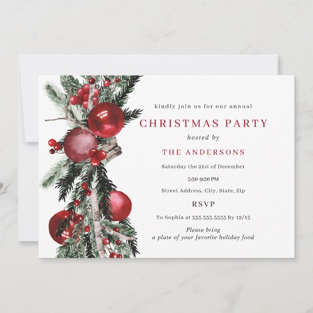 Red Green Traditional Foliage Christmas Party Invitation (Front)
