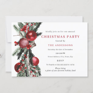 Red Green Traditional Foliage Christmas Party Invitation