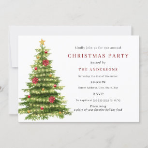 Red Green Traditional Tree Lights Christmas Party Invitation