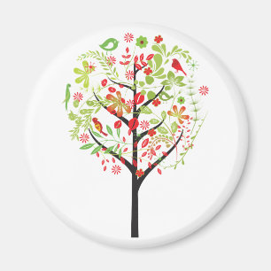 Red green tree and cute birds magnet