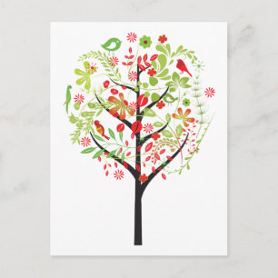 Red green tree and cute birds postcard