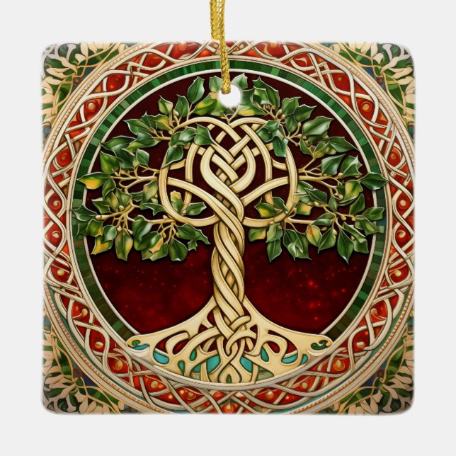Red Green Tree Of Life Celtic Knot Ceramic Ornament (Front)