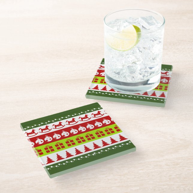 Red Green Ugly Christmas Sweater Festive Clipart Glass Coaster (Angled)