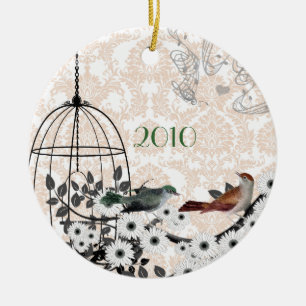 Red & Green Vintage Birds & Bird Cage on Damask Ceramic Tree Decoration