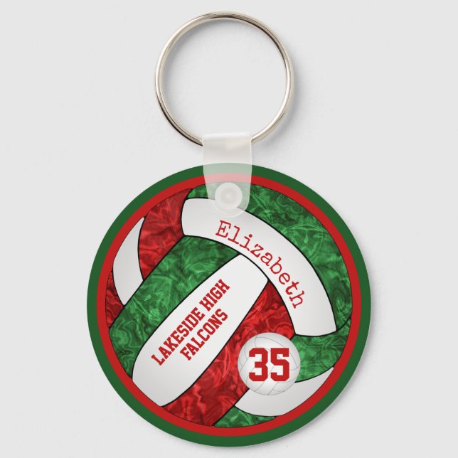 red & green volleyball keychain w school team name (Front)