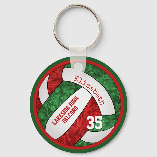 red & green volleyball keychain w school team name (Front)