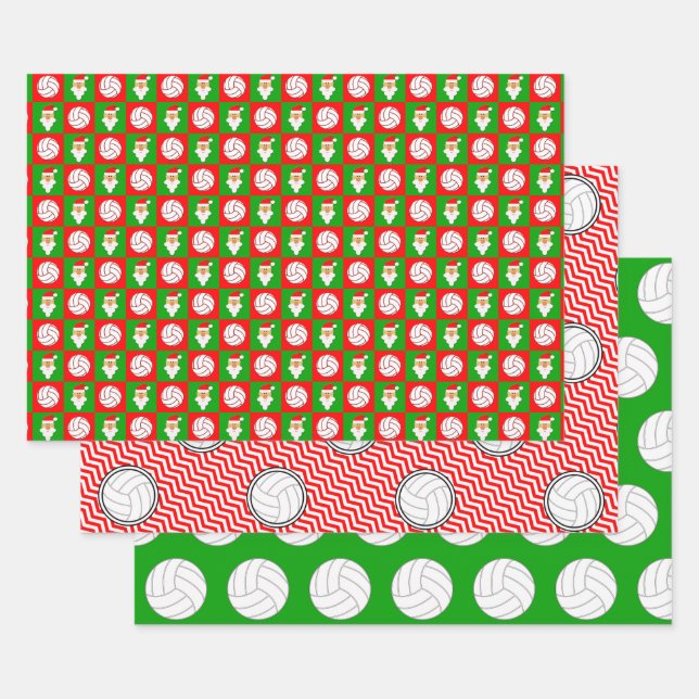 Red & Green Volleyball & Santa Matching Christmas Wrapping Paper Sheet (Set)