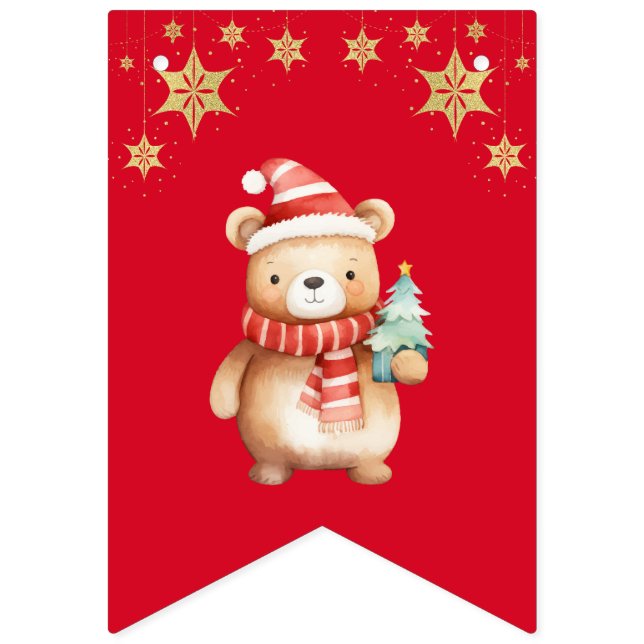Red Green watercolor Bear Merry Christmas Party Bunting (Sixteenth Flag)