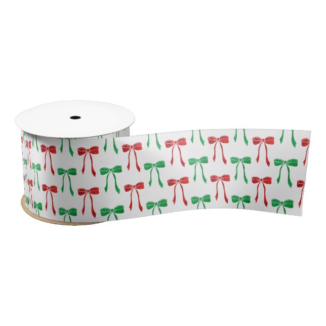 Red & Green Watercolor Bow Pattern Satin Ribbon (Spool)