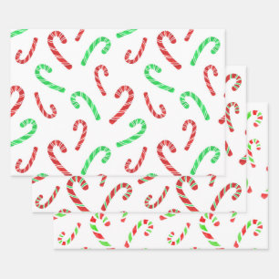 Red & Green Watercolor Candy Cane Patterns Wrapping Paper Sheet