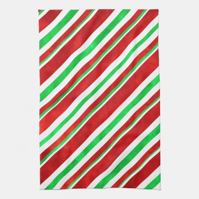 Red Green Watercolor Candy Cane Stripes 2   Tea Towel (Vertical)