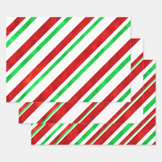 Red Green Watercolor Candy Cane Stripes  Wrapping Paper Sheet (Set)