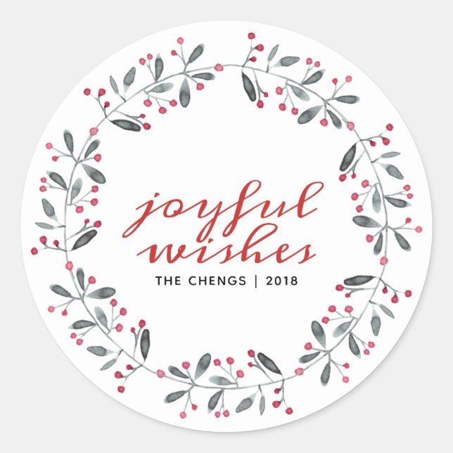 Red & Green Watercolor Christmas Holly Monogram Classic Round Sticker (Front)