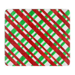 Red Green Watercolor Diagonal Plaid Cutting Board