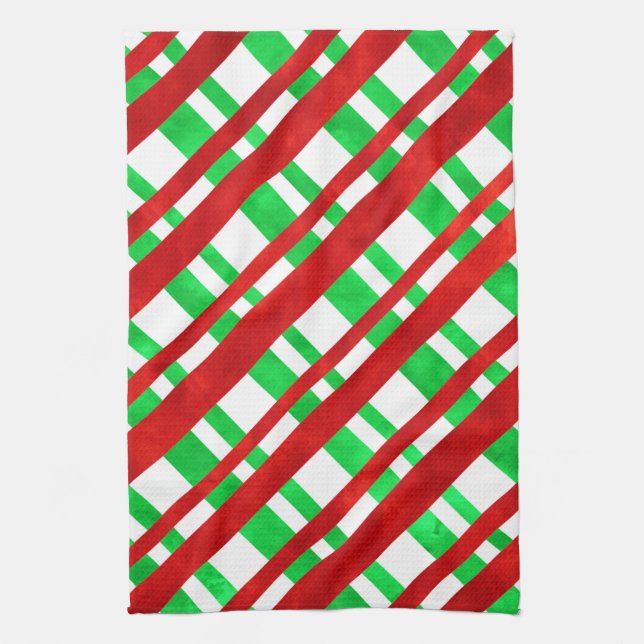 Red Green Watercolor Diagonal Plaid  Tea Towel (Vertical)