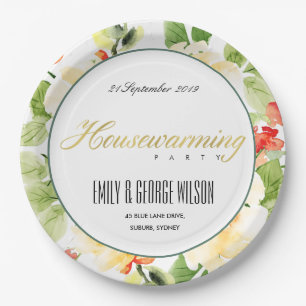 RED GREEN WATERCOLOR FLORAL GOLD HOUSEWARMING PAPER PLATE