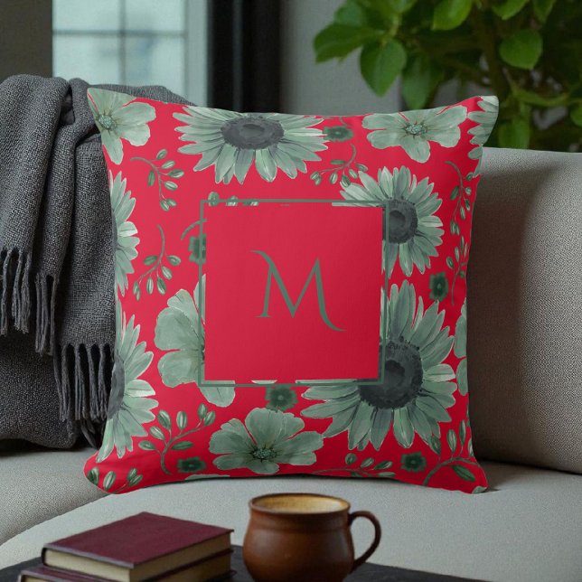Red Green Watercolor Floral Script Cushion (Creator Uploaded)