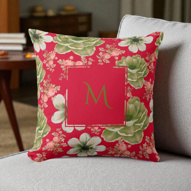 Red Green Watercolor Floral Script Cushion (Creator Uploaded)