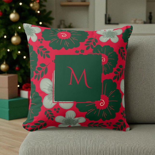 Red Green Watercolor Floral Script Cushion (Creator Uploaded)