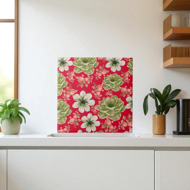 Red Green Watercolor Floral  Tile (Creator Uploaded)