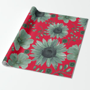 Red Green Watercolor Floral Wrapping Paper