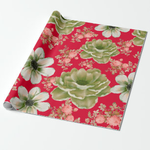 Red Green Watercolor Floral Wrapping Paper