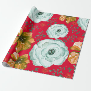 Red Green Watercolor Floral Wrapping Paper