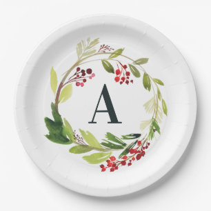 Red + green watercolor foliage initial Christmas  Paper Plate