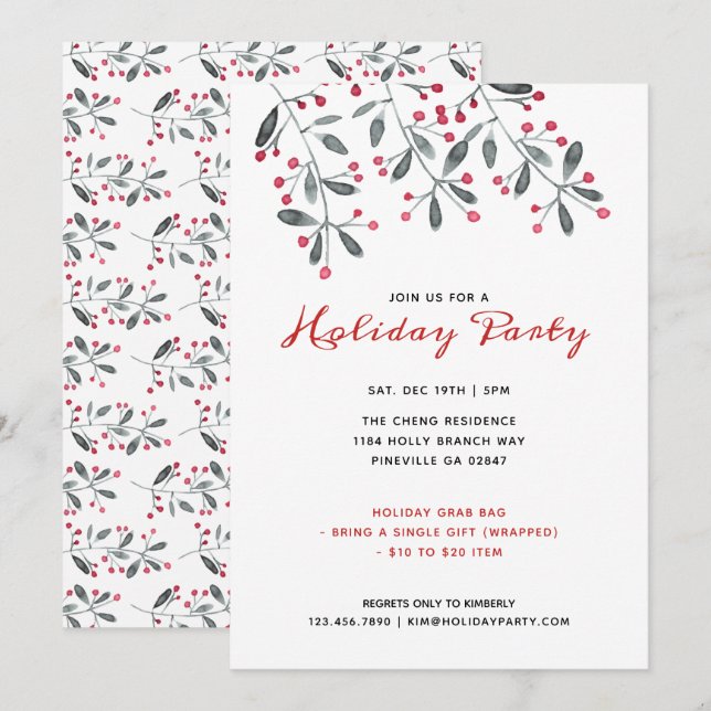 Red & Green Watercolor Holly Christmas Party Invitation (Front/Back)