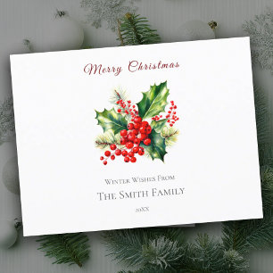 Red & Green Watercolor Holly Christmas Postcard