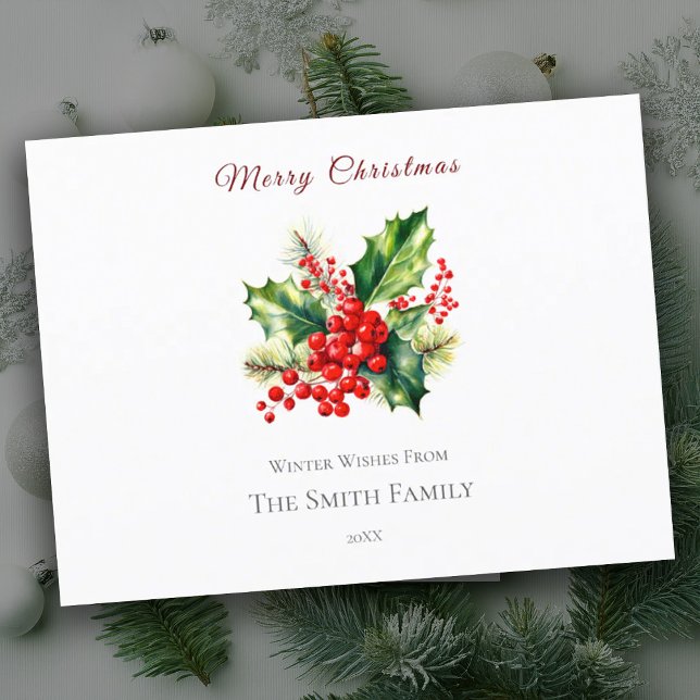 Red & Green Watercolor Holly Christmas Postcard (Creator Uploaded)