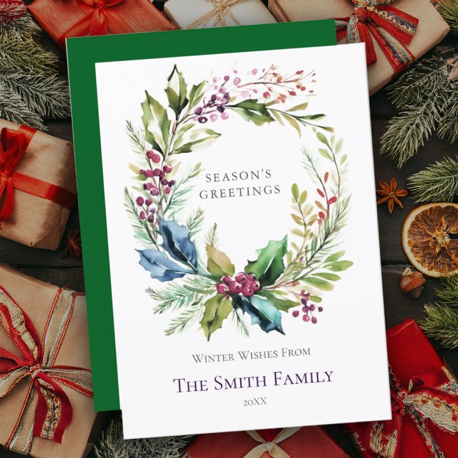 Red & Green Watercolor Holly Wreath Christmas Card (Creator Uploaded)