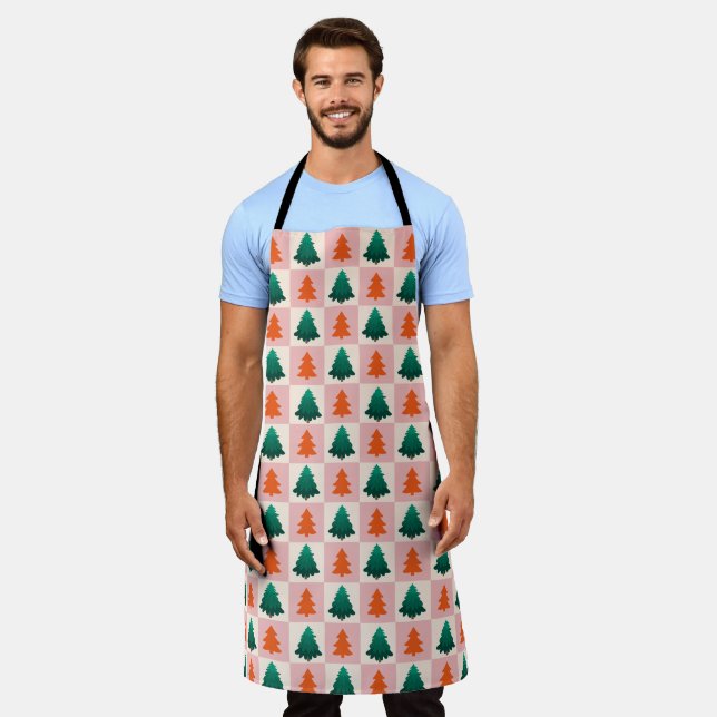 Red Green watercolor Merry Christmas tree pattern Apron (Worn)
