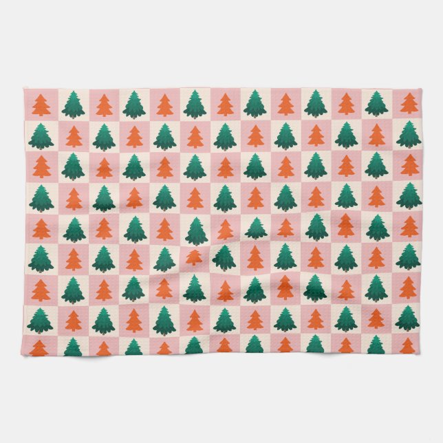 Red Green watercolor Merry Christmas tree pattern Tea Towel (Horizontal)
