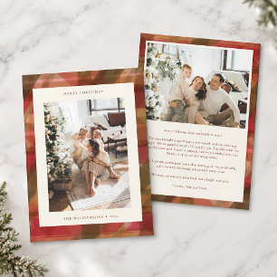 Red Green Watercolor Plaid Photo Christmas Message Holiday Card