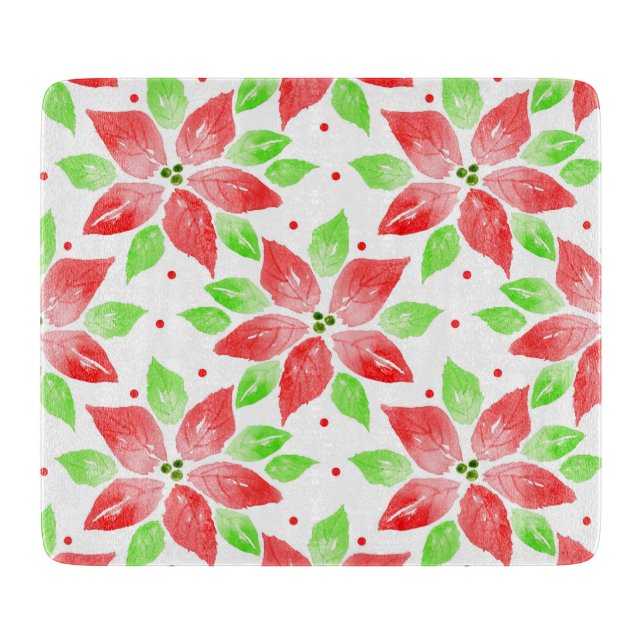 Red Green Watercolor Poinsettia Pattern  Cutting Board (Front)