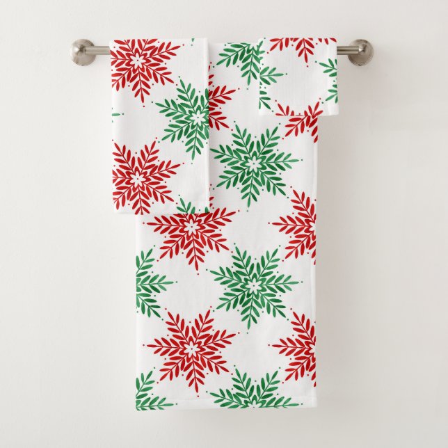 Red & Green Watercolor Snowflake Pattern 2 Bath Towel Set (Insitu)