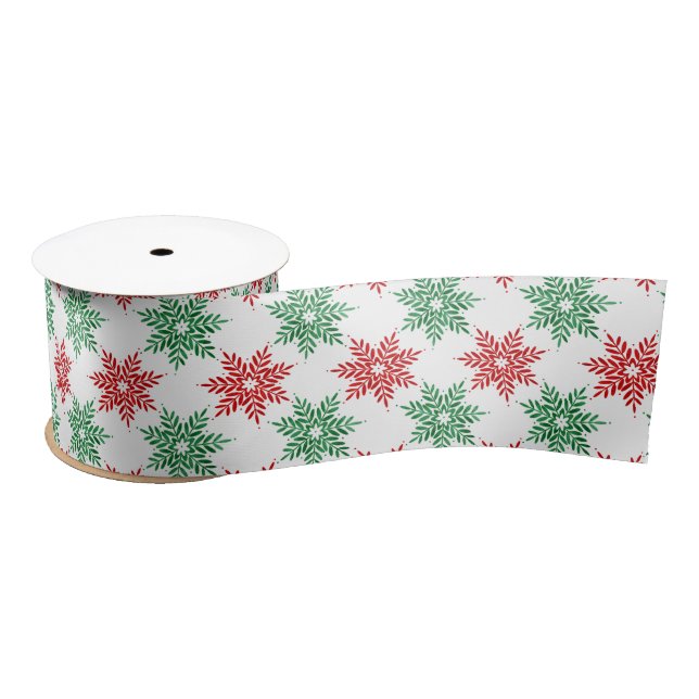 Red & Green Watercolor Snowflake Pattern 2 Satin Ribbon (Spool)