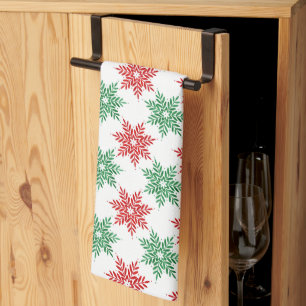Red & Green Watercolor Snowflake Pattern 2 Tea Towel