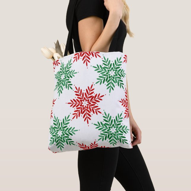 Red & Green Watercolor Snowflake Pattern 2 Tote Bag (Close Up)